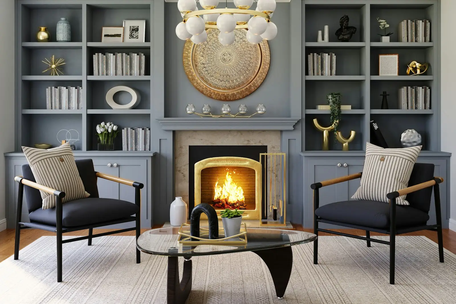 Sitting room with grey-blue painted panelling and shelves around a fireplace