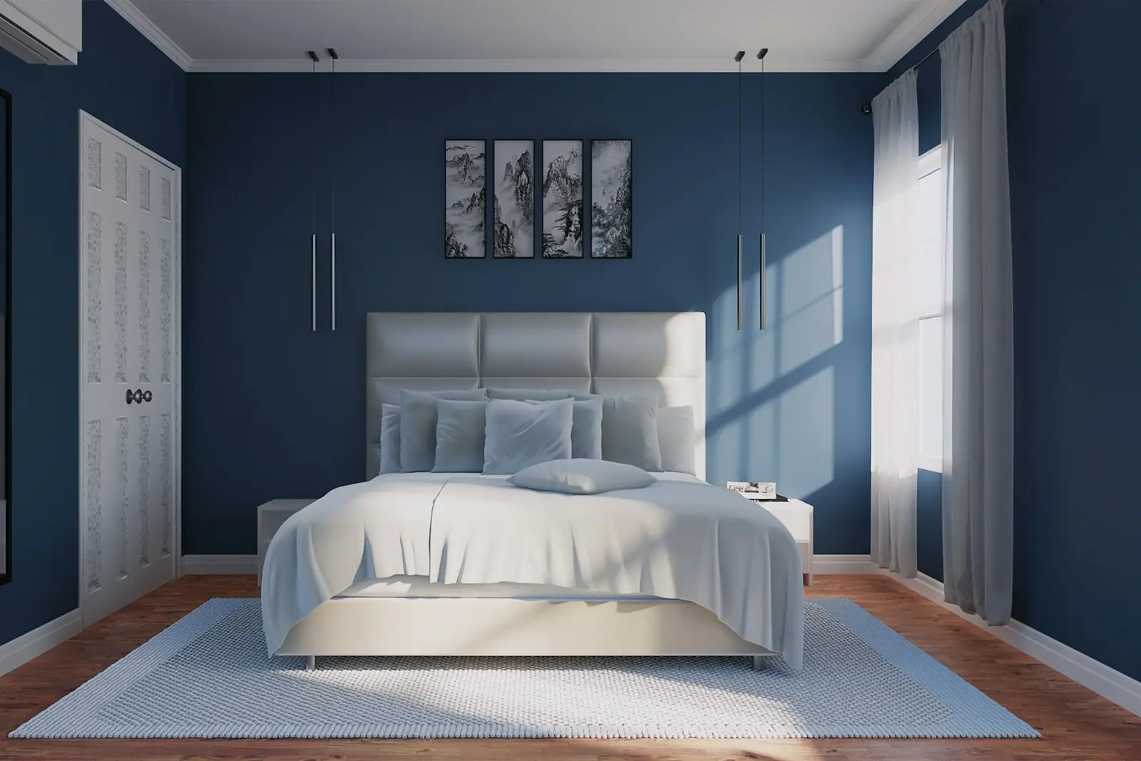 Bedroom with navy blue painted walls and white ceiling
