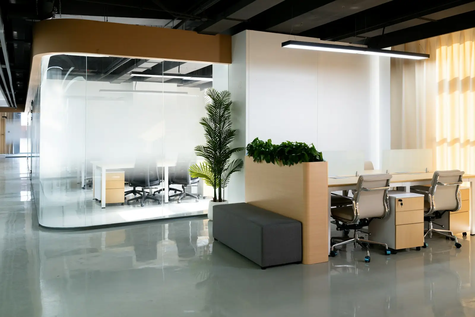 Bright, freshly decorated open-plan office interior