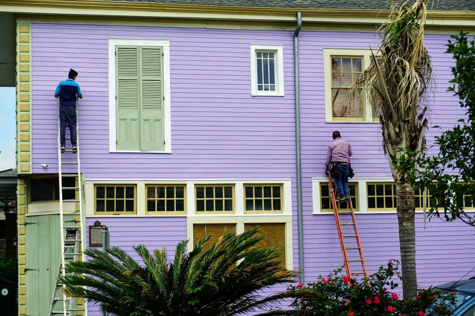 Two painters on ladders repainting the front of a lilac house