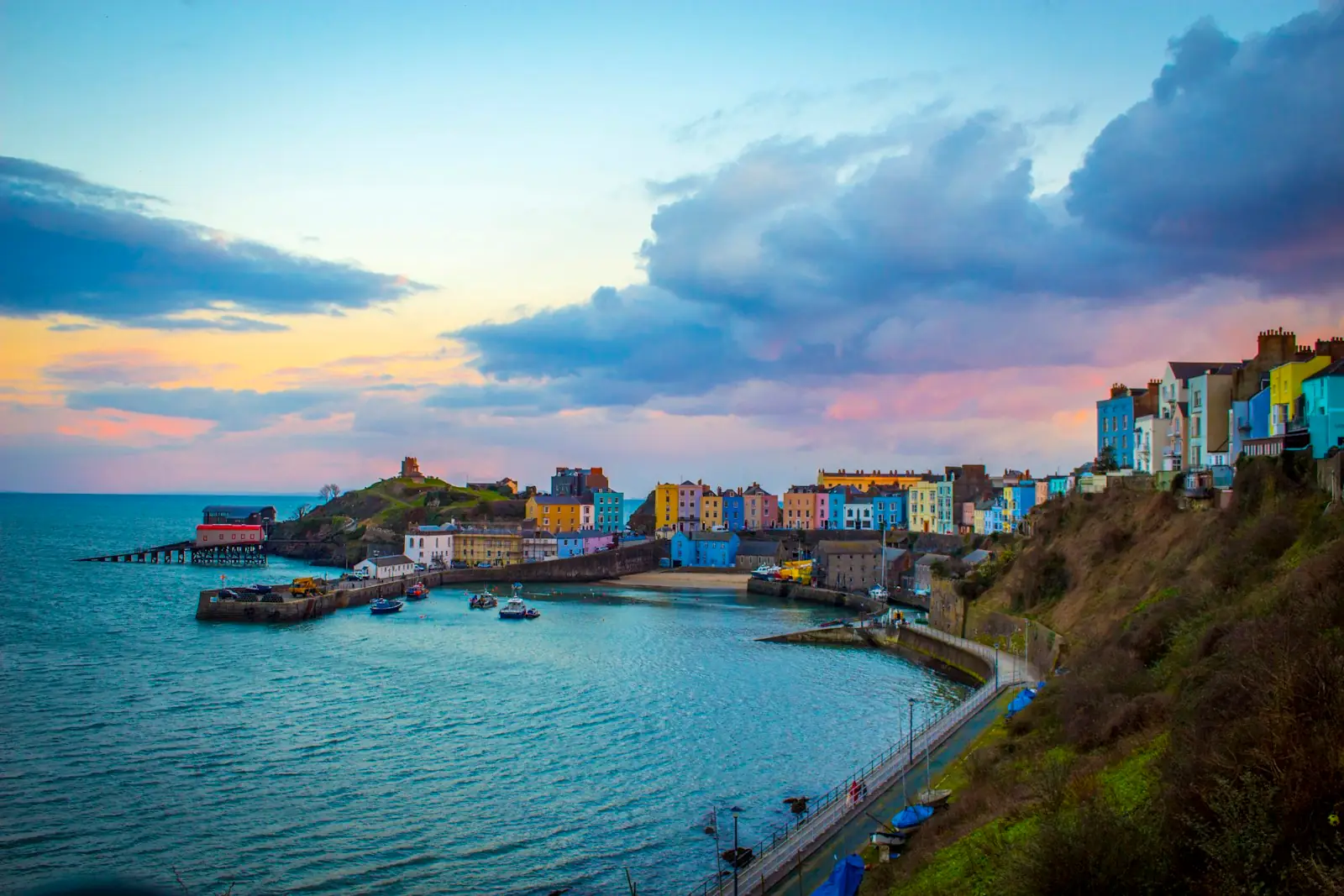 Colourful painted houses above the harbour in Tenby, Wales