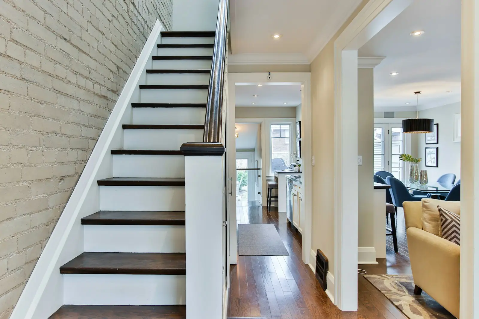 Freshly painted white staircase and hallway